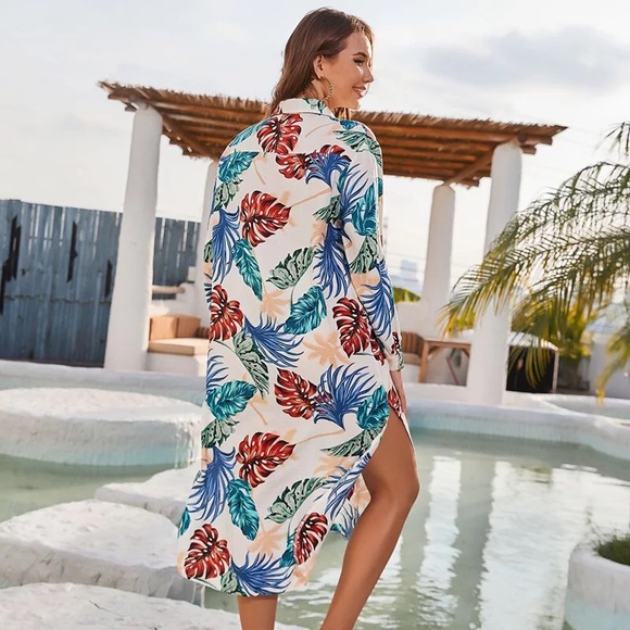 In The Tropics Ivory Tropical Print Shirt Dress - Picture 2 of 8